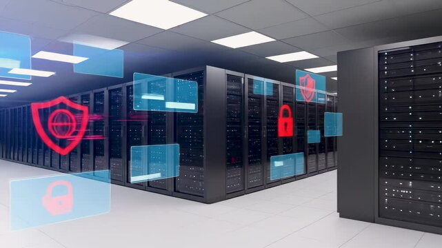 A secure data center with floating digital UI panels, a red shield icon, and a lock symbol representing cyber threats and potential data leaks on the dark web within server environments.