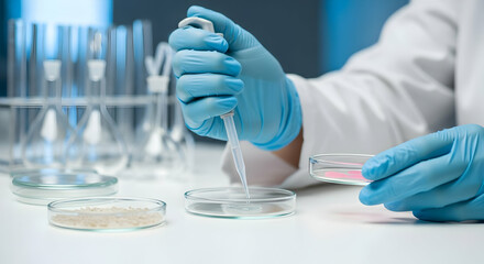 Scientist Dropping Liquid Sample Into Petri Dish with Blue Gloves