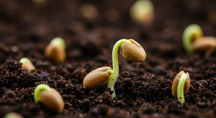 Close-up of organic sprouting seed texture with delicate root structures and moist soil particles for life cycle concepts