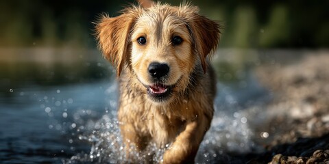 Golden puppy splashing joyfully in clear water on a sunny day at the lake enjoying nature and playtime