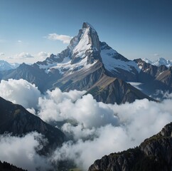 A majestic mountain peak emerges from a blanket of clouds, surrounded by a vast mountain range under a clear blue sky
