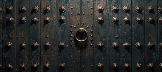 Fototapeta premium Ancient dark wooden door with intricate carvings in autumn setting