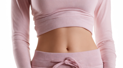 Close up of a woman's toned midriff, highlighting a healthy and fit physique, while wearing a stylish pink sports outfit against a transparent background, ideal for fitness and wellness concepts