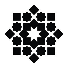 Symmetrical abstract black & white geometric pattern. Intricate interlocking squares & stars form a radiating diamond. Central white five-pointed star. Islamic-inspired, high contrast.