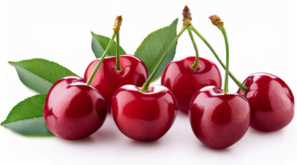 Obraz premium cherries with leaves with shadow on white background