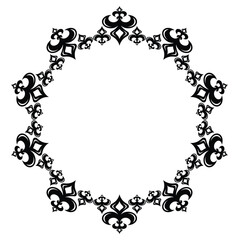 Symmetrical circular ornate border with intricate repeating black floral and diamond patterns. Elegant, formal, flat perspective. High contrast black and white. No people, isolated on white.