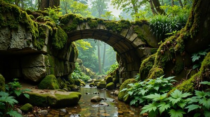 A serene stone archway in a forest, surrounded by vibrant greenery and mosscovered rocks, leads to a tranquil creek