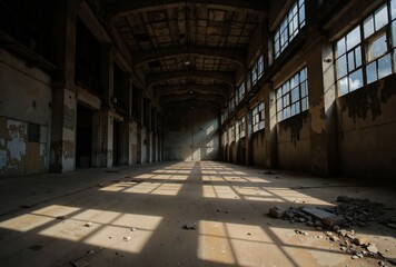 An abandoned warehouse with a high ceiling and large windows, casting long shadows on the floor covered in debris and rubble 