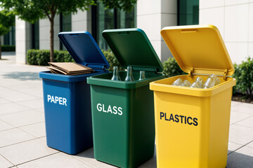 Outdoor recycling bins labeled for paper, glass, and plastics, each with items inside, highlighting waste segregation and environmental consciousness in a city setting.