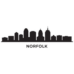 Fototapeta premium Panoramic View of Downtown Norfolk Skyline. Norfolk city black silhouette skyscrapers and buildings. Long cityscape. Vector black silhouette. with white background