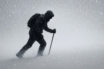 Person Walking Through a Blizzard with Heavy Snowfall and Using a Walking Stick