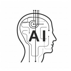 Black and white sketch of a human head with circuit lines and the letters 'AI' inside. Represents artificial intelligence and technology concepts.