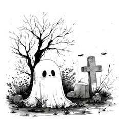 A simple black and white sketch illustration of a ghost near a gravestone. A bare tree stands in the background with scattered rocks and plants.