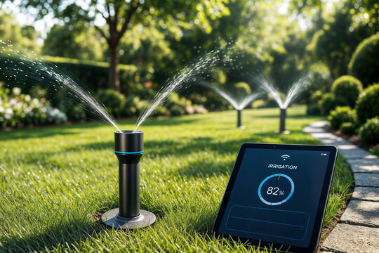 A smart irrigation system is watering a lush garden with sprinklers, managed by a tablet displaying an 82% progress indicator, exemplifying modern gardening technology.