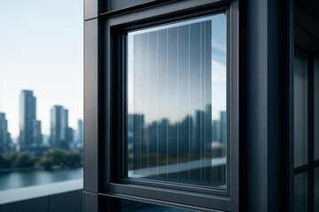 Obraz premium A modern building facade featuring a semi-transparent solar panel integrated into the window design, with a blurred city skyline in the background, illustrating urban renewable energy solutions.