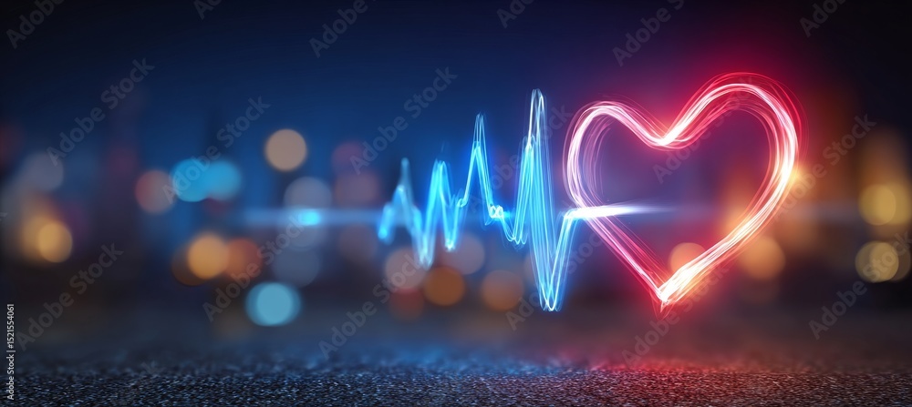 Poster abstract glowing neon heart outline with pulsating heartbeat line on colorful bokeh background