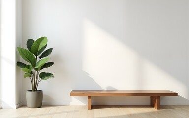 Serene Minimalist Room With Plant And Wooden Bench. High quality