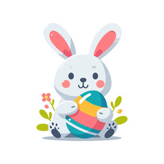 Obraz premium cute white Easter bunny holding a decorated egg, surrounded by flowers, perfect for Easter or springtime websites and blogs.