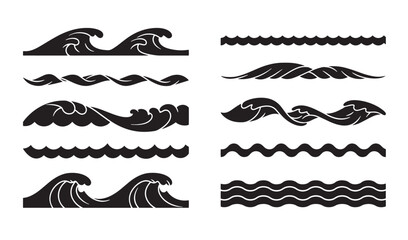 Collection of black and white silhouette wave borders and decorative design elements for nautical and ocean themes