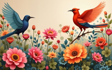 Colorful Arrangement of Oriental Flowers and Birds on Fabric Background. High quality