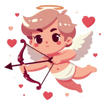 sweet, winged Cupid character with a halo, holding a bow and arrow, surrounded by hearts. Ideal for websites/blogs on Valentine's Day, love, romance, relationships, or celebrations.