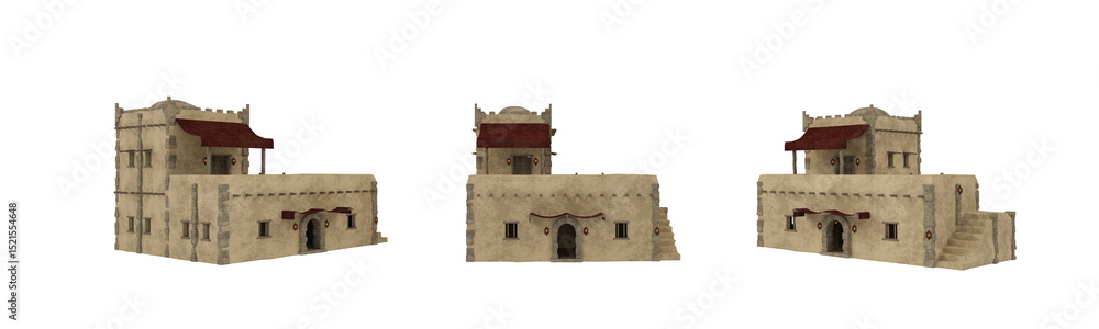 Poster arabian stone house with steps on the outside. 3d render set of three angles.