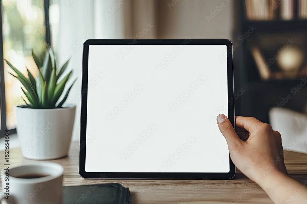 Poster detailed color image of hand using digital tablet finger touch blank screen on desk work table