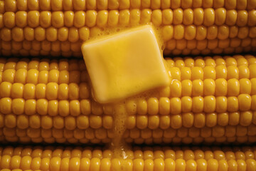 Close-up of melted butter on fresh corn on the cob, juicy and golden kernels in warm lighting, milho cozido, s&atilde;o jo&atilde;o, festa junina