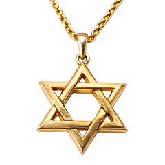 A close-up photograph of a golden star of david pendant hanging on a golden chain.