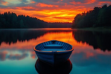 Serene sunset lake scene with rowboat