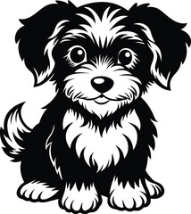Adorable Cute Puppy Sitting Vector Illustration in Black and White