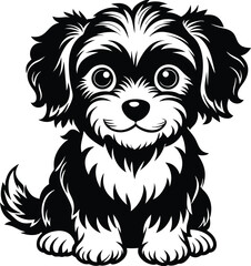 Adorable Cute Puppy Sitting Vector Illustration in Black and White