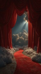 Beautiful red carpet pathway leading through curtains into a mystical cloudy setting with heavenly light