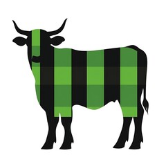Silhouette of a Checkered Cow with Green and Black Plaid Design on a White Background