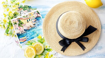 Overhead View of Woven Straw Hat Adorned with Black Ribbon Beside a Watercolor Postcard of Coastal Scenery and Fresh Yellow Lemons on a White Surface