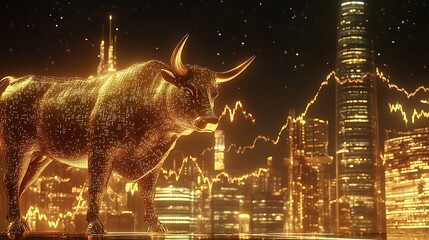 Golden Bull Statue In A Glowing City At Night Representing The Stock Market With Digital Lines Showing Financial Growth And Success