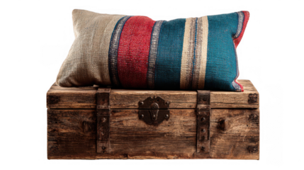 Vibrant, striped pillow sits atop a weathered, antique wooden chest, adding a touch of color and comfort to the rustic scene, all on a transparent background, perfect for design projects
