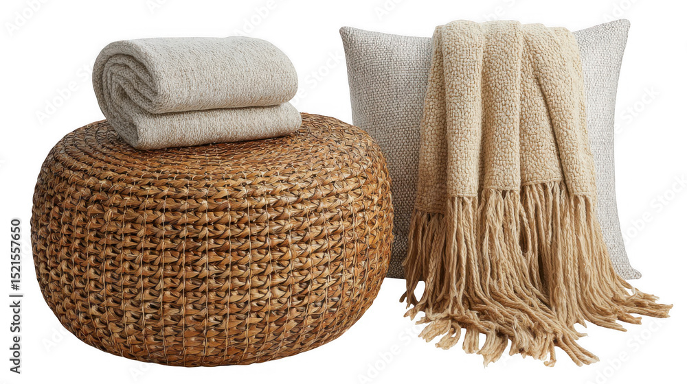 Aufkleber round woven ottoman provides a cozy surface for folded blankets and a soft cushion. creating a relax