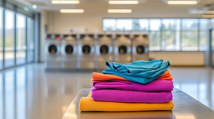Stack Of Folded Colorful Laundry Pile On A Shiny Table In A Brightly Lit Modern Laundry Facility