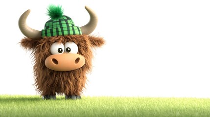 Yak Character Standing On Green Grass Wearing Green And Black Plaid Beanie with Big Eyes Isolated Against White Background