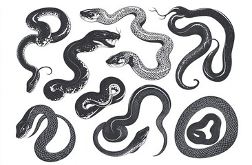 Obraz premium The 2025 Chinese Year of the Snake is represented by a modern illustration featuring a collection of snakes isolated on a white background