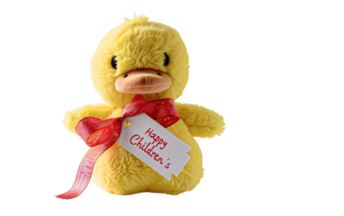Cute Duckling Plush Toy Celebrating a Joyful Happy Childrens Day Isolated on Transparent Background
