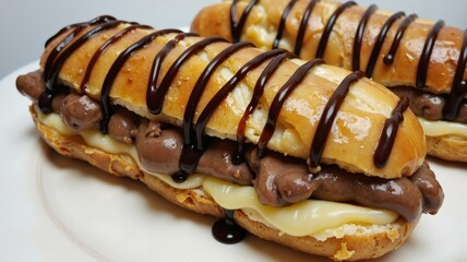 A delectable eclair filled with creamy cheese and rich chocolate, drizzled with a glossy chocolate sauce, sits on a pristine white plate, ready to be savored