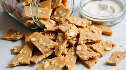A delightful assortment of peanut brittle pieces, sprinkled with almonds and peanuts, sits on a white plate next to a glass jar of honey and a small bowl of creamy white substance, likely yogurt or c