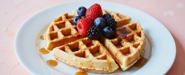 A golden waffle sits on a white plate, generously topped with fresh berries including blueberries and raspberries, drizzled with a sweet syrup 