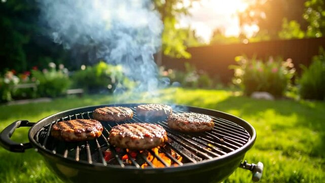 Burgers cooking on backyard grill