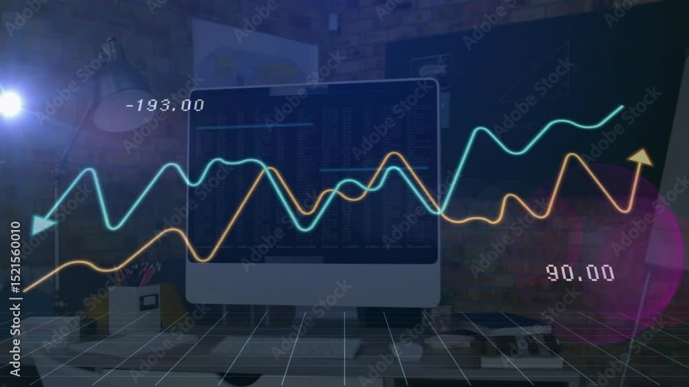 Poster grid projecting data curves rising intersecting on monitor visualizing trends then retracting