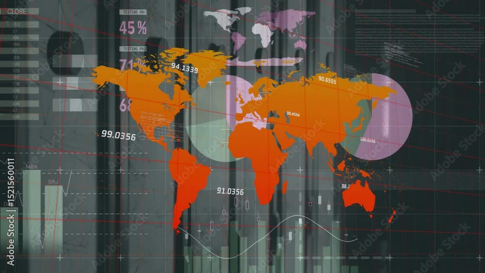 Poster grid appearing triggers world map fading with charts updating and meters moving for analytics