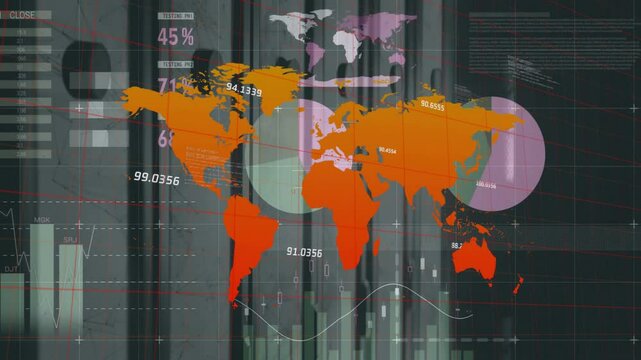 Grid appearing triggers world map fading with charts updating and meters moving for analytics