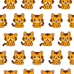 Obraz premium Seamless pattern with expressive orange cartoon cats on white background smiling, happy and crying. Emotional orange cartoon cats for nursery decor and gift wrapping. Vector illustration